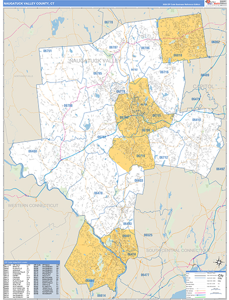 Naugatuck Valley County, CT Carrier Route Wall Map